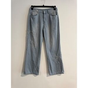 Distressed Bow Wide Leg‎ Jeans Large Women Denim Coquette Balletcore Soft Girl